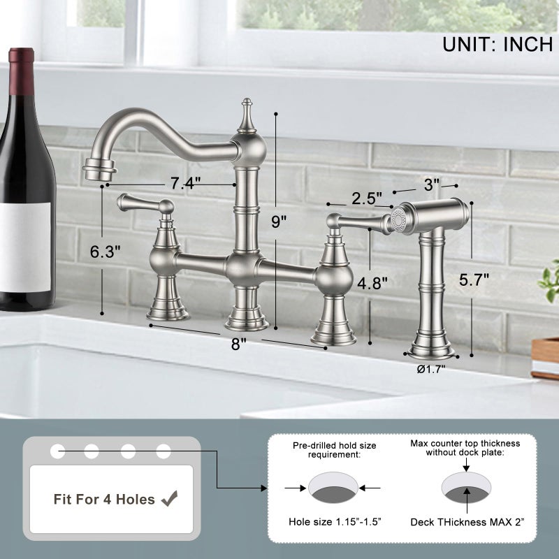 WOWOW 8 inch Centerset Bridge Kitchen Faucet with Brass Side Sprayer 2 Handles 4 Holes Antique Classic Heritage Deck-Mount Kitchen Sink Faucet, Brushed Nickel - Image 4